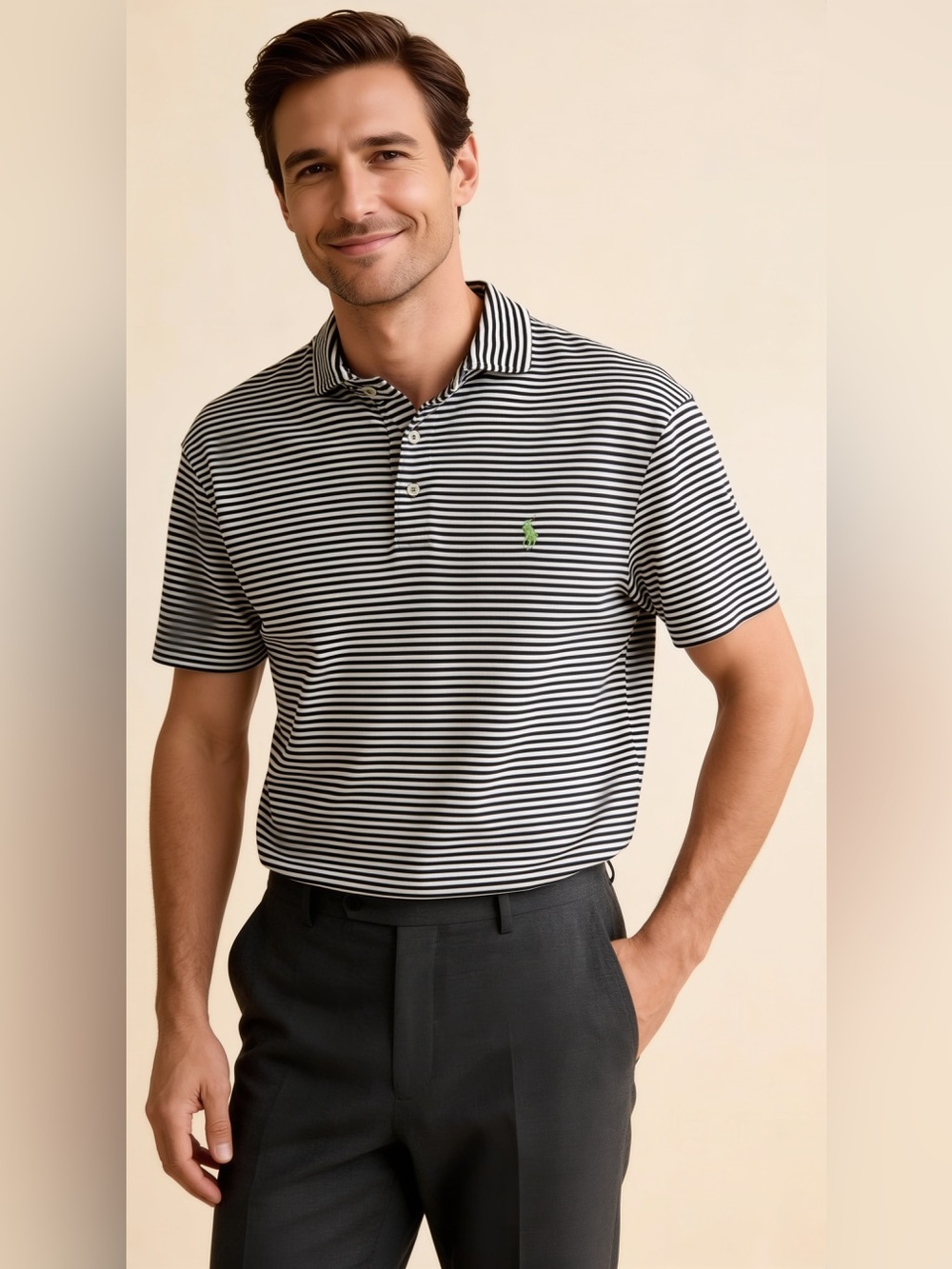 Ralph Lauren Black and White Striped Polo with Green Logo